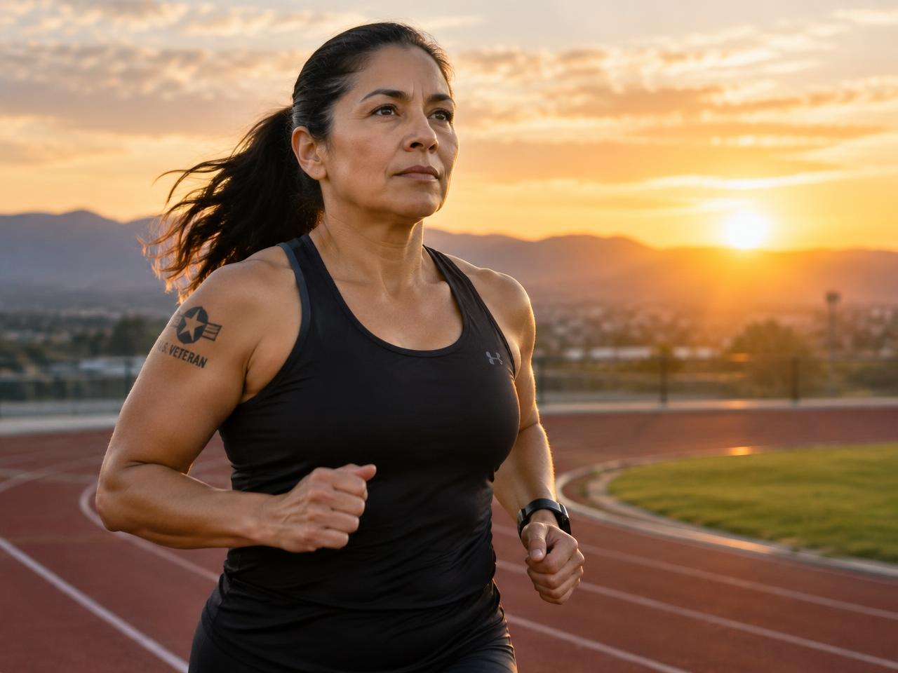 Woman veteran running on a track at sunrise